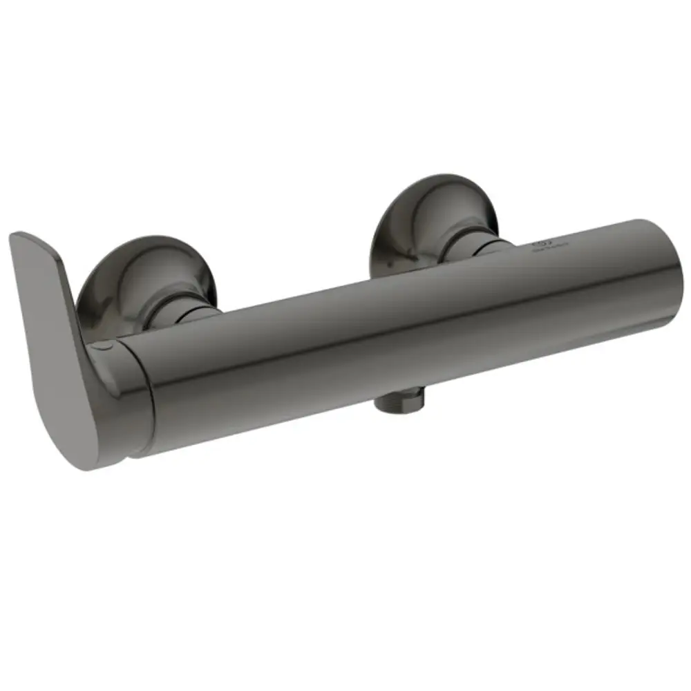 Brausearmatur in dunklem Design, montiert mit zwei runden Halterungen, hergestellt von Ideal Standard. Schlichte Form mit seitlichem Griff zur Temperaturregelung.